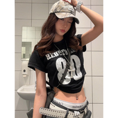 美式 上衣 设计感高街潮牌街舞运动短款 复古做旧裂纹短袖 t恤女夏季