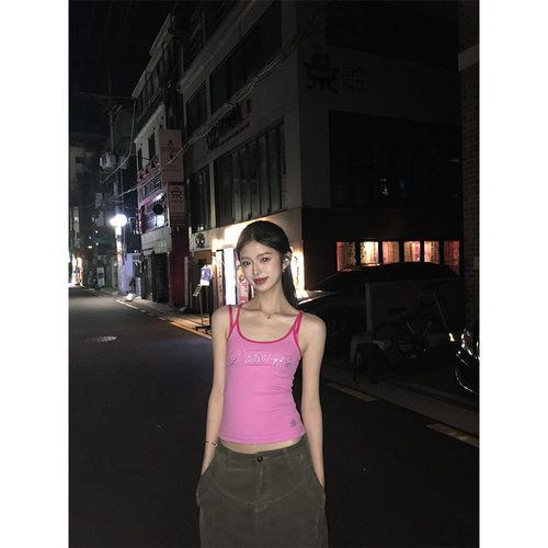 美式辣妹撞色烫钻字母吊带背心女
