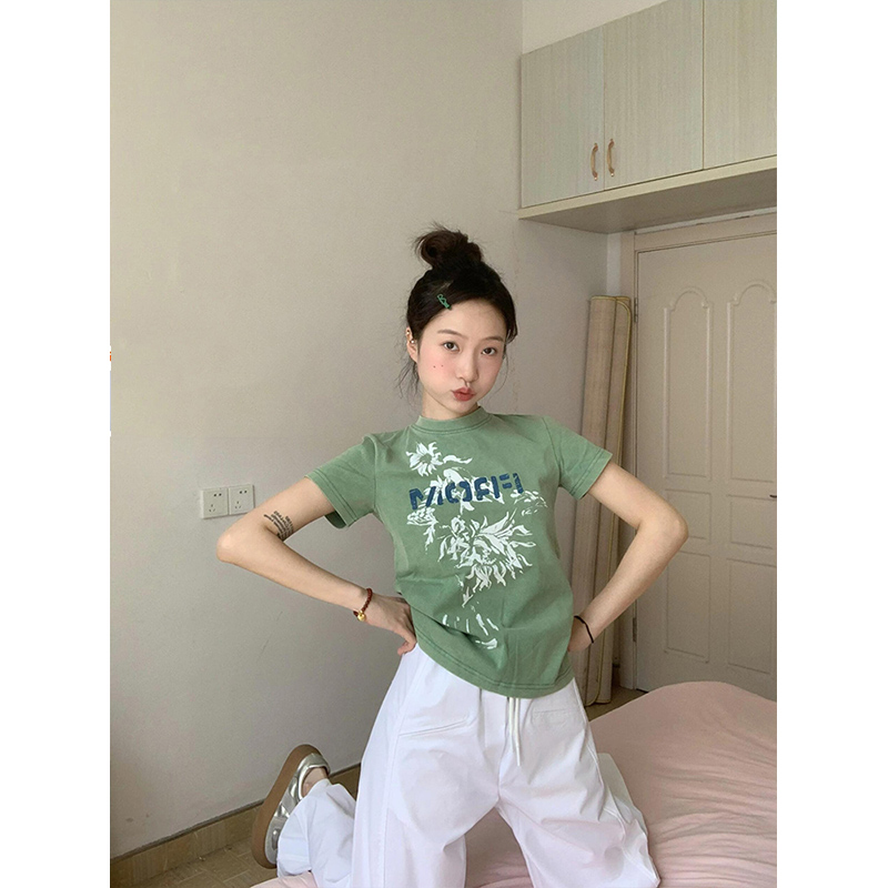 美式复古花卉剪影正肩水洗t恤女