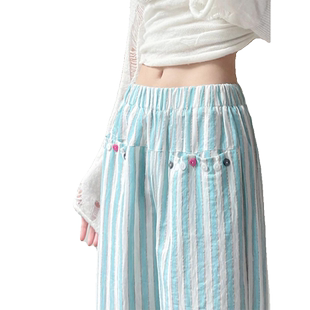 蓝色条纹棉麻休闲裤子女夏季薄款2024新款宽松阔腿慵懒松弛直筒裤