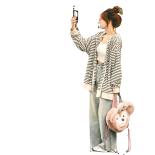 美式条纹连帽慵懒风外套女薄款小个子春秋oversize长袖开衫卫衣潮