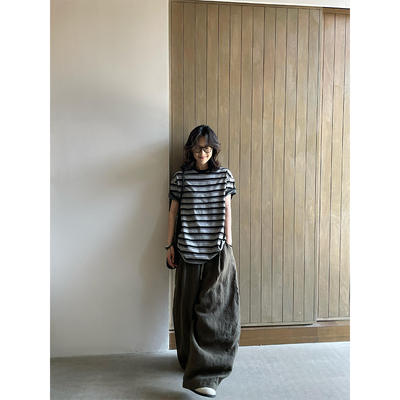 日系复古黑灰色条纹短袖t恤女夏