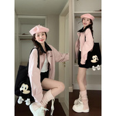 短款 韩系粉色麂皮小香风外套女春秋2025新款 美式 小众夹克翻领上衣