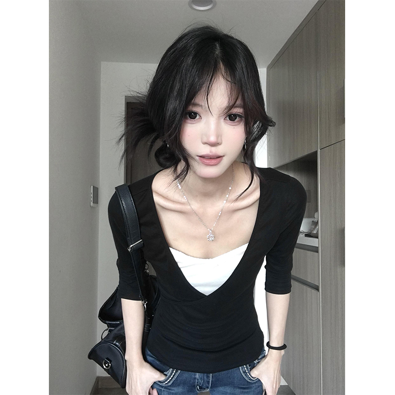 美式辣妹黑色V领假两件天丝t恤女