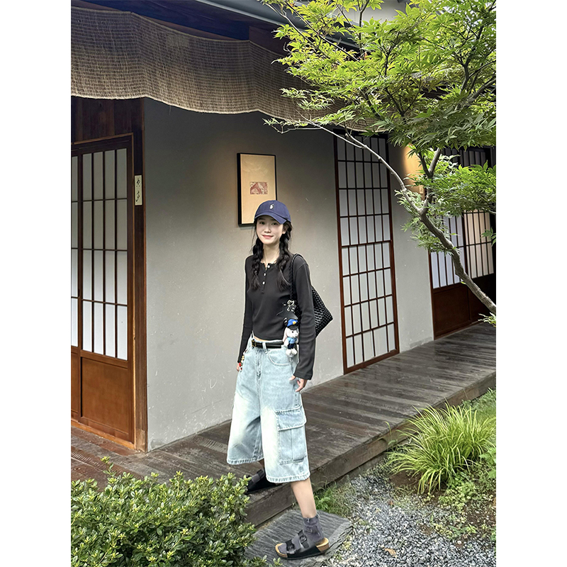 华夫格亨利领长袖t恤女秋季2025