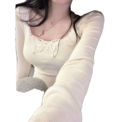 蝴蝶结蕾丝拼接德绒打底衫女秋冬