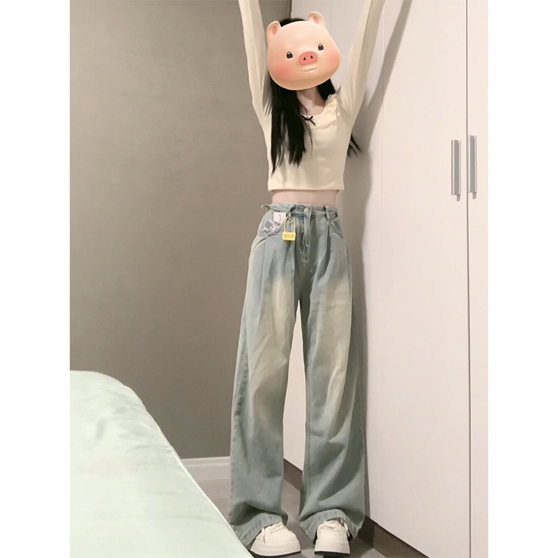 美式浅色阔腿牛仔裤女夏薄款2025新款小个子高腰显瘦宽松直筒长裤