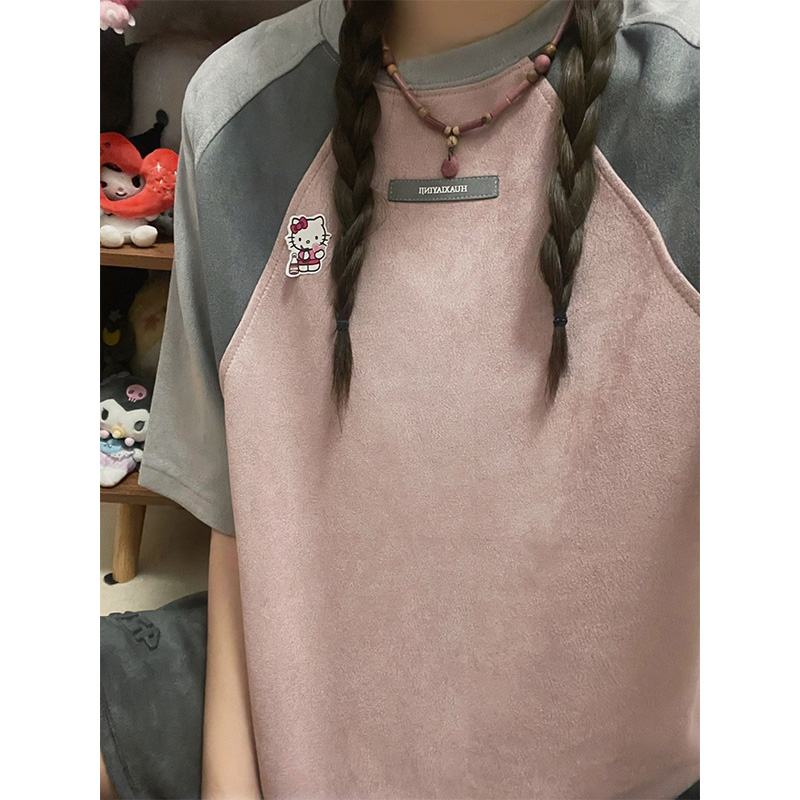 高街美式撞色插肩纯棉短袖t恤女