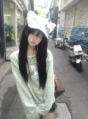 日系小猫刺绣绿色条纹长袖t恤女2025春秋新款宽松显瘦慵懒风上衣