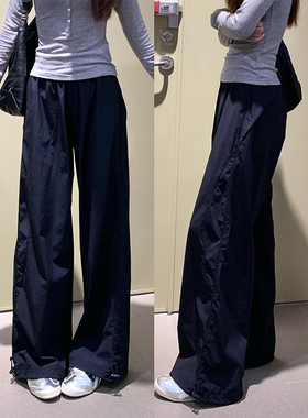 藏蓝色工装裤女春秋季新款美式复古百搭阔腿垂感宽松休闲运动裤子