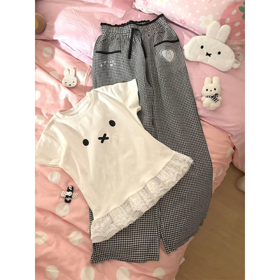 可爱米菲兔印花蕾丝花边短袖t恤