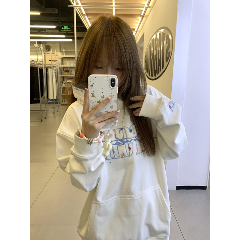 国潮牌彩色波点字母刺绣连帽卫衣女秋冬套头情侣美式宽松慵懒外套