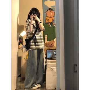 纯棉上衣 美式 复古撞色条纹正肩短袖 t恤女夏季 设计感小众宽松半袖