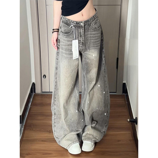 美式复古高街泼墨牛仔裤女秋冬新款设计感小众宽松慵懒弯刀阔腿裤