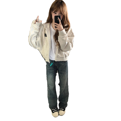 美式短款灰色连帽卫衣外套女春秋