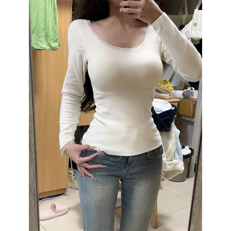蕾丝花边U领打底衫女秋冬2025新