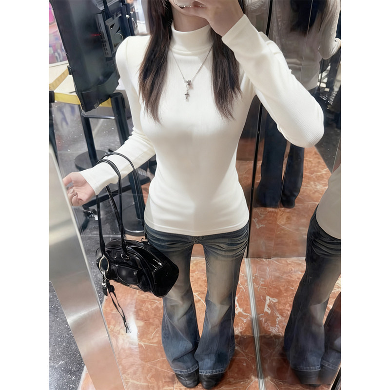 白色加绒加厚半高领内搭打底衫女秋冬季保暖长袖t恤修身显瘦上衣