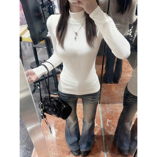 白色加绒加厚半高领内搭打底衫女秋冬季保暖长袖t恤修身显瘦上衣