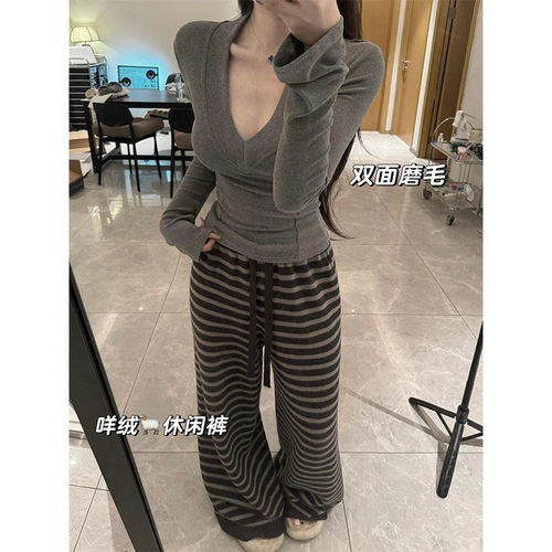 纯欲性感深V德绒打底衫女秋冬季