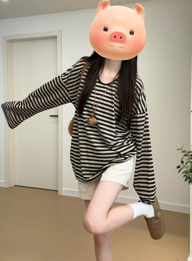 慵懒风条纹喇叭防晒长袖t恤女夏季薄款oversize宽松显瘦罩衫上衣