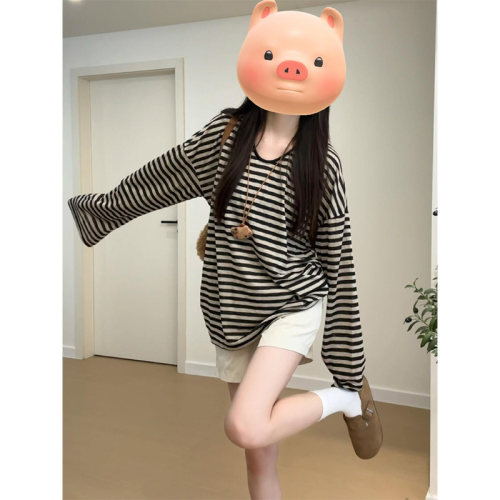 慵懒风条纹喇叭防晒长袖t恤女夏