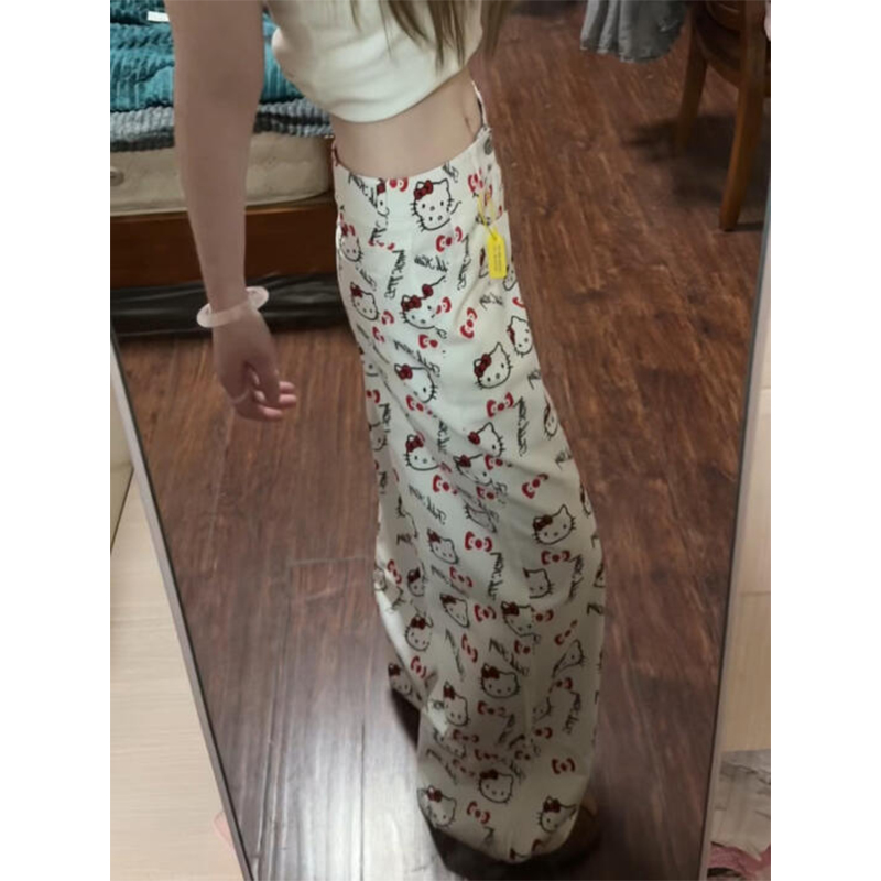 卡通kitty高腰阔腿白色牛仔裤女