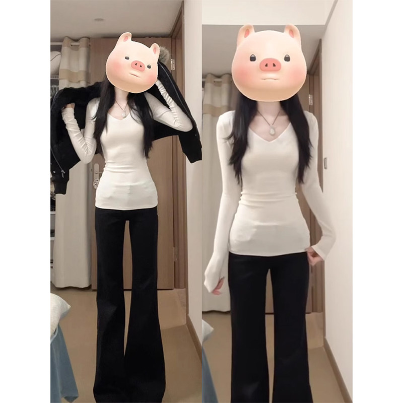 白色德绒V领内搭打底衫女秋冬季中长款修身显瘦叠穿长袖保暖上衣