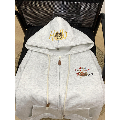 可爱腊肠小狗刺绣开衫连帽卫衣女