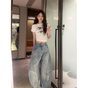 辣妹印花正肩短袖 2025新款 美式 t恤女夏季 内搭短上衣 修身 显瘦短款