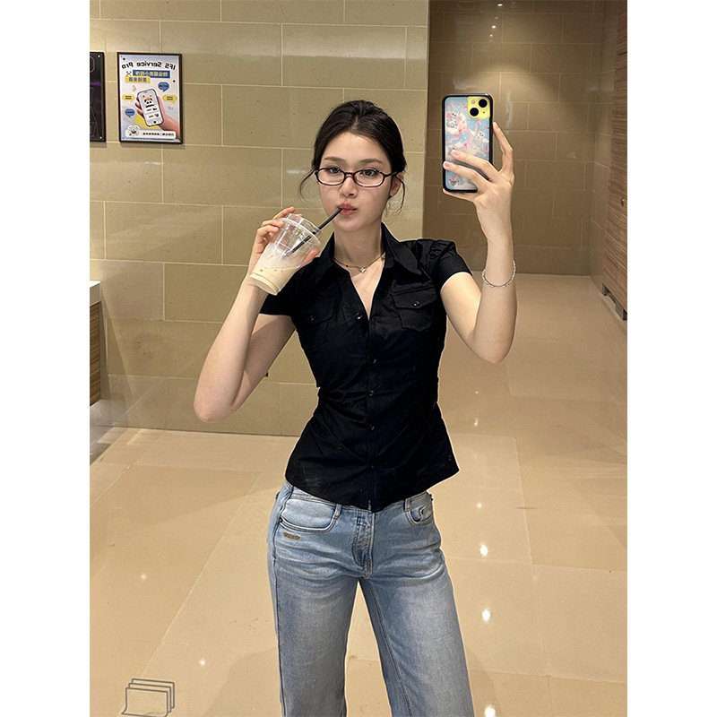 黑色韩系掐腰口袋正肩短袖衬衫女夏季高级感修身显瘦收腰气质上衣