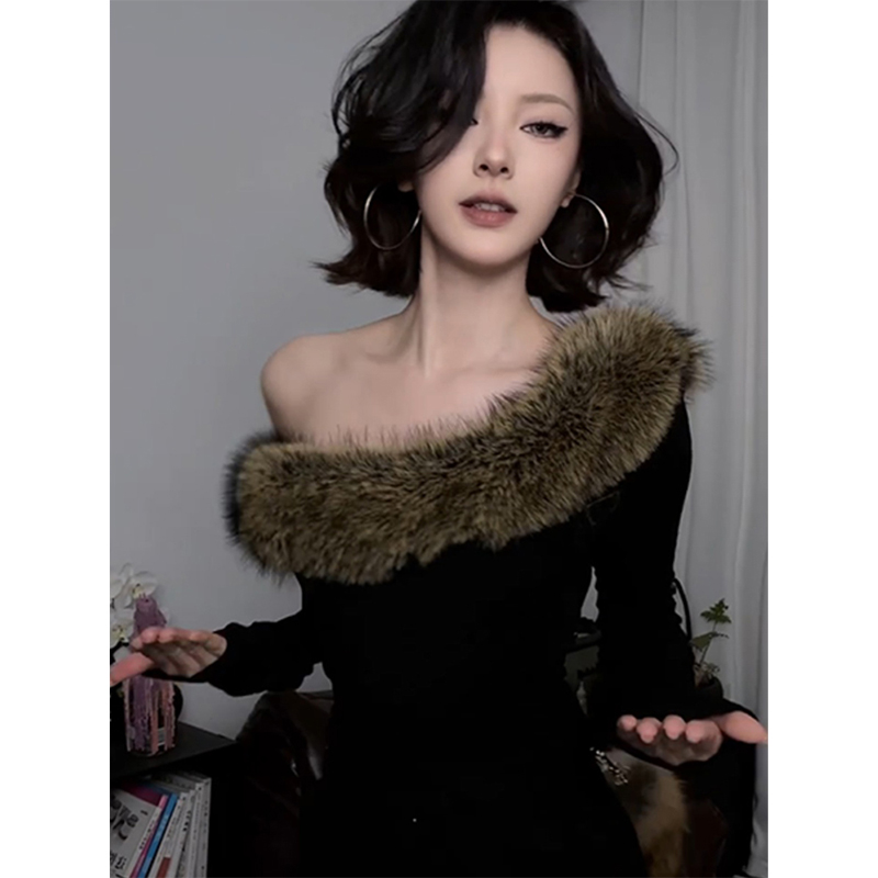 纯欲风辣妹斜肩毛领长袖t恤女