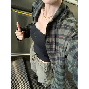 防晒长袖 外套女夏季 衬衣设计感小众宽松上衣 复古绿色格子衬衫 美式