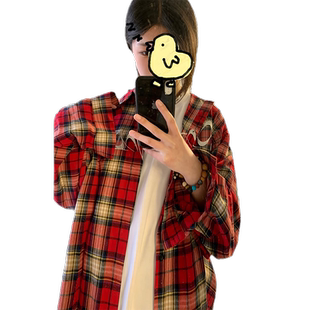 美式刺绣红色格子衬衫女长袖宽松春秋高街设计感小众薄款衬衣外套