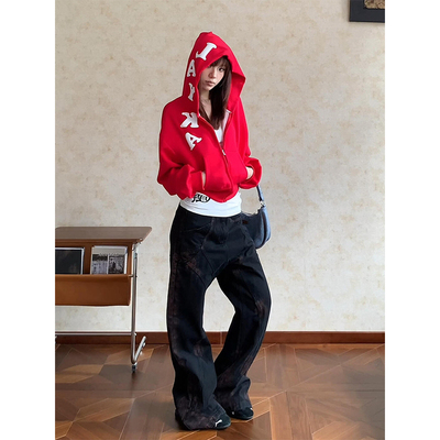 美式高街哥特字母印花连帽卫衣女