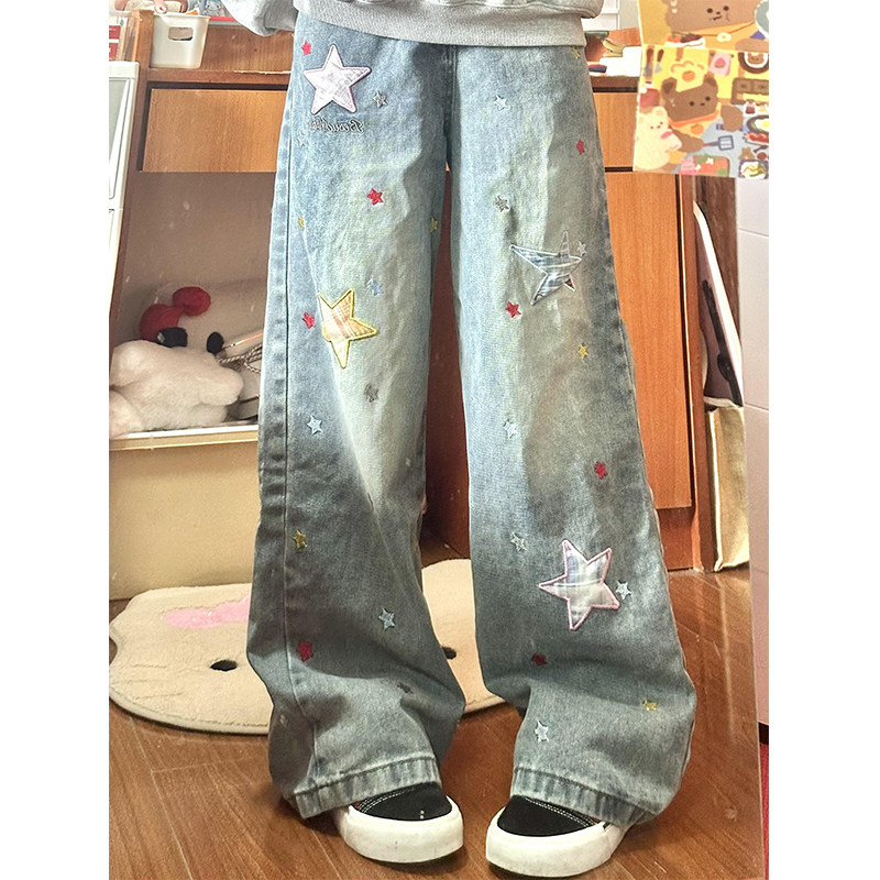 美式高街星星贴布牛仔裤女春夏2026新款宽松显瘦百搭直筒阔腿裤子