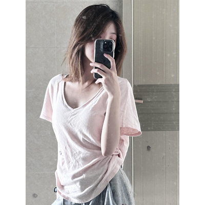纯色v领松弛感粉色短袖t恤女夏季