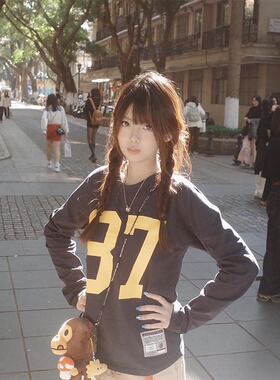 美式潮牌87印花圆领长袖t恤女2026春季新款显瘦百搭休闲套头上衣