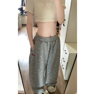 蝴蝶结波点灰色休闲卫裤女冬季加绒加厚慵懒高腰显瘦直筒阔腿裤子