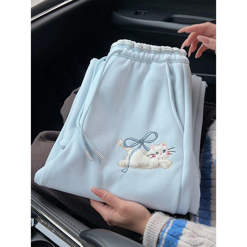加绒加厚蝴蝶结猫咪刺绣休闲裤女冬季撞色拼接直筒卫裤束脚阔腿裤