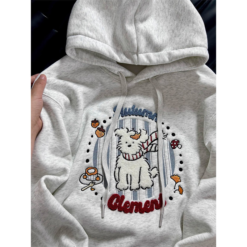 美式卡通可爱小狗刺绣连帽卫衣女秋冬加绒加厚学院风宽松百搭外套