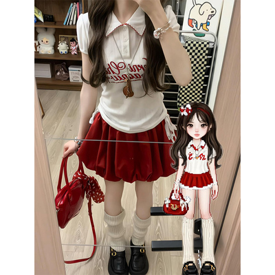 学院风辣妹polo领字母短袖t恤女