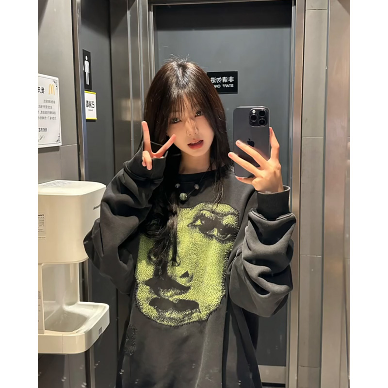 美式复古人脸印花圆领卫衣女秋冬款oversize潮牌情侣加绒加厚上衣