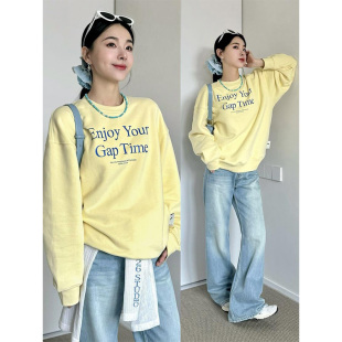 国潮牌奶黄色撞色字母圆领卫衣女春秋宽松设计感小众韩系长袖 上衣