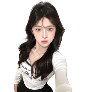 纯欲风蕾丝花边打底衫长袖t恤女秋冬性感显瘦修身内搭辣妹短上衣