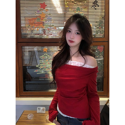 红色蕾丝拼接一字领长袖t恤女冬