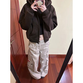 秋冬小个子休闲百搭外套 卫衣女2025新款 美式 复古咖色加绒连帽开衫