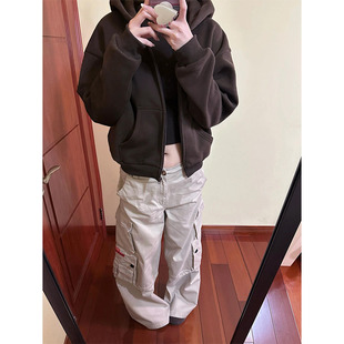 秋冬小个子休闲百搭外套 卫衣女2025新款 美式 复古咖色加绒连帽开衫