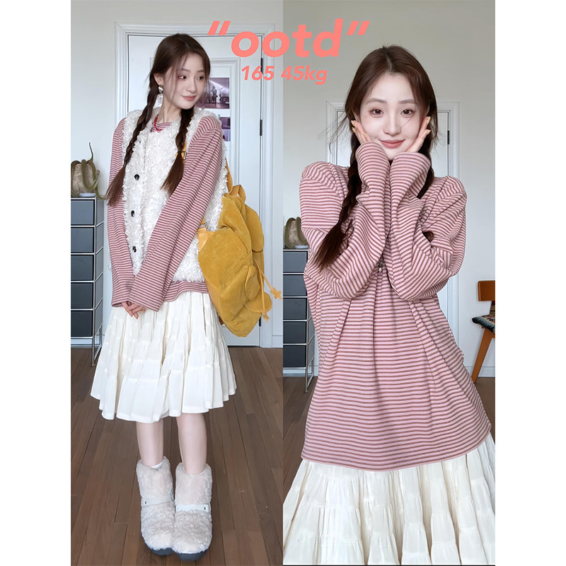 韩系粉咖条纹保暖德绒长袖T恤女冬季加厚圆领内搭外穿打底衫上衣,女装/女士精品,T恤,淘宝优惠券,粉丝福利购,淘宝优惠卷