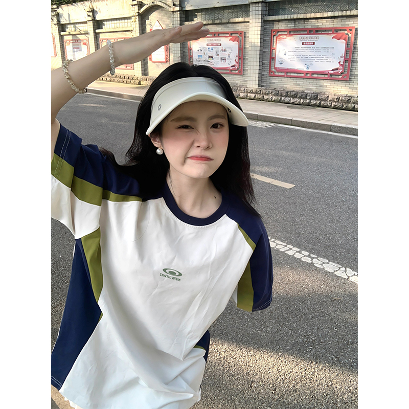 国潮牌撞色拼接纯棉短袖t恤女夏