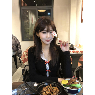 上衣 显瘦蕾丝内搭打底长袖 氛围感穿搭纯欲针织开衫 女秋冬甜辣修身